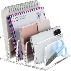 BEYGORM Acrylic Mail Holder, Clear Desk Organizer with Divider, Vertical Letter Sorter for Desktop, 5 Compartments Modern Office Home Envelope Organizer for Bill, Document, Notebook