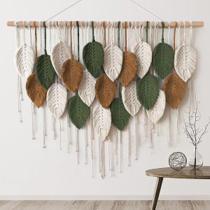 Large Macrame Wall Hanging Boho Woven Tapestry, Chic Home Decor Modern Bohemian Handmade Leaf Feather Wall Art Decorations for Apartment Dorm Living Room Bedroom Nursery Backdrop 39″W X 29.5″L