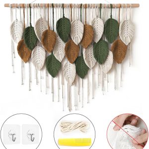 Large Macrame Wall Hanging Boho Woven Tapestry, Chic Home Decor Modern Bohemian Handmade Leaf Feather Wall Art Decorations for Apartment Dorm Living Room Bedroom Nursery Backdrop 39″W X 29.5″L