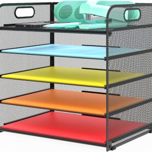 Letter Tray Paper Organizer 5-Tier Desk Organizer File Organizer Paper Holder with Handle, Metal Desktop Document Shelf Tray Office Classroom Organization – Black