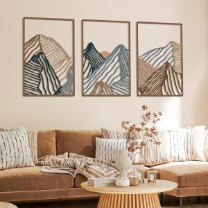 3 Pcs Mountain Metal Wall Art Mountain Line Wall Decor Abstract Minimalist Rustic Nature Decor for Home Bathroom Living Room(Vibrant Colors)